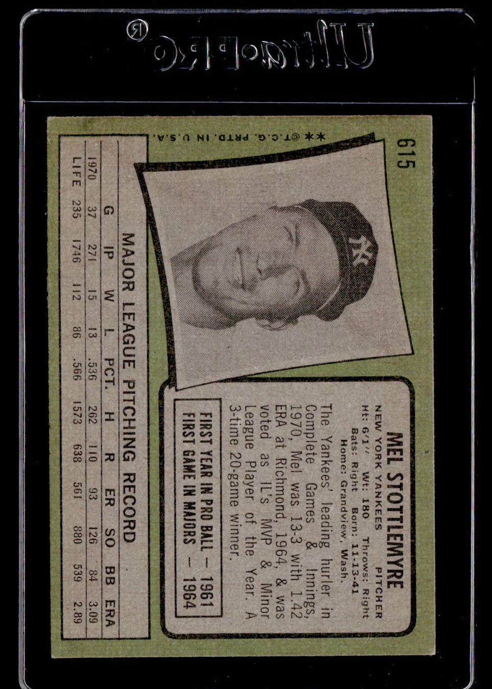 1971 Topps #615 Mel Stottlemyre EX