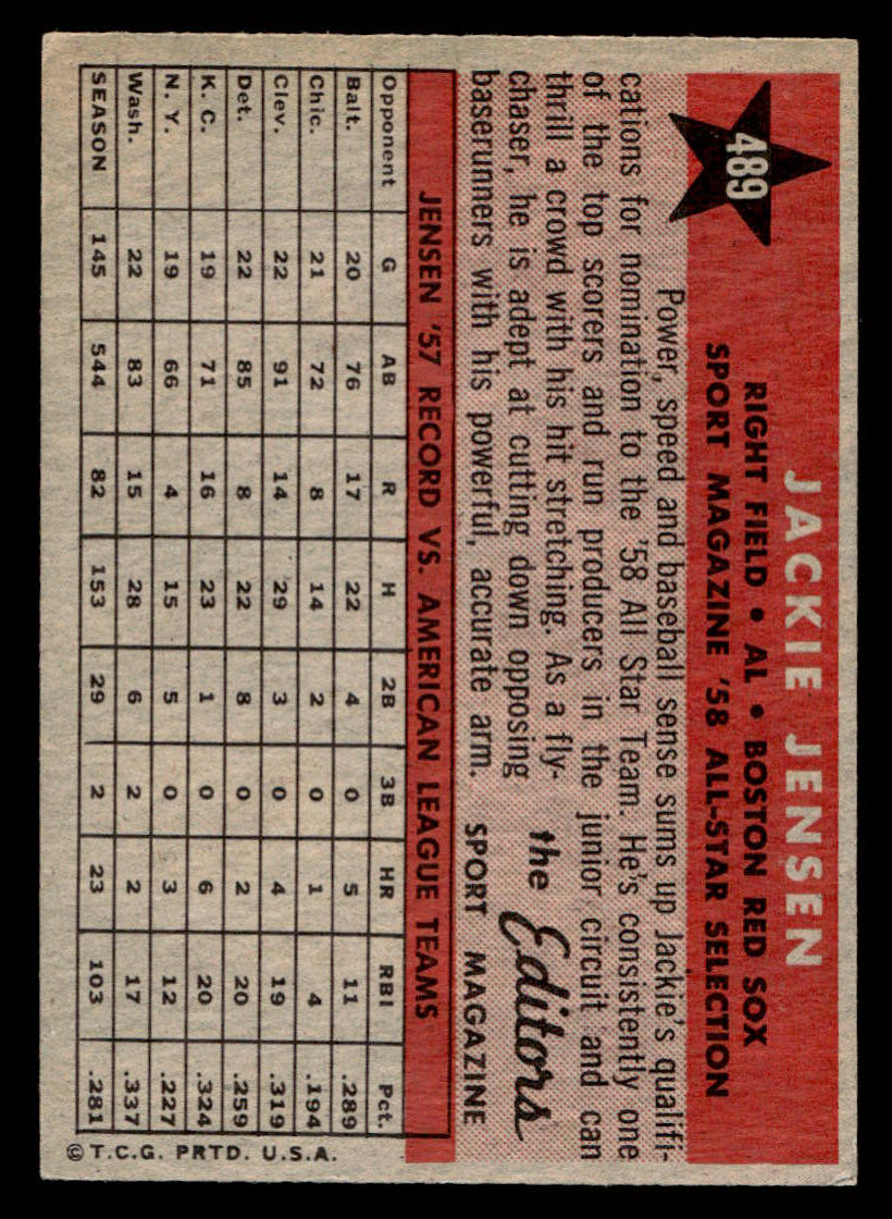 1958 Topps #489 Jackie Jensen - NMT