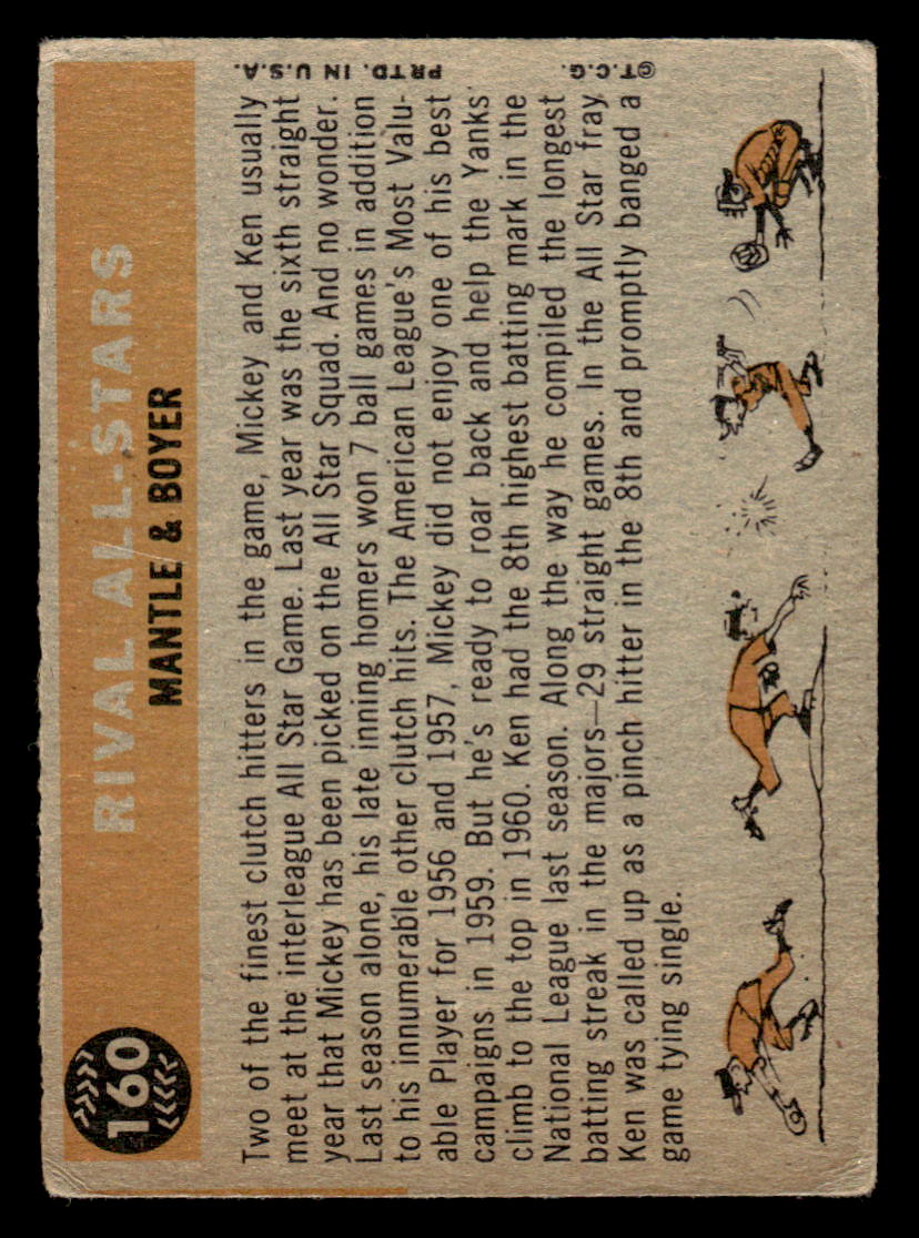 1960 Topps #160 Mickey Mantle Ken Boyer Rival All-Stars VG