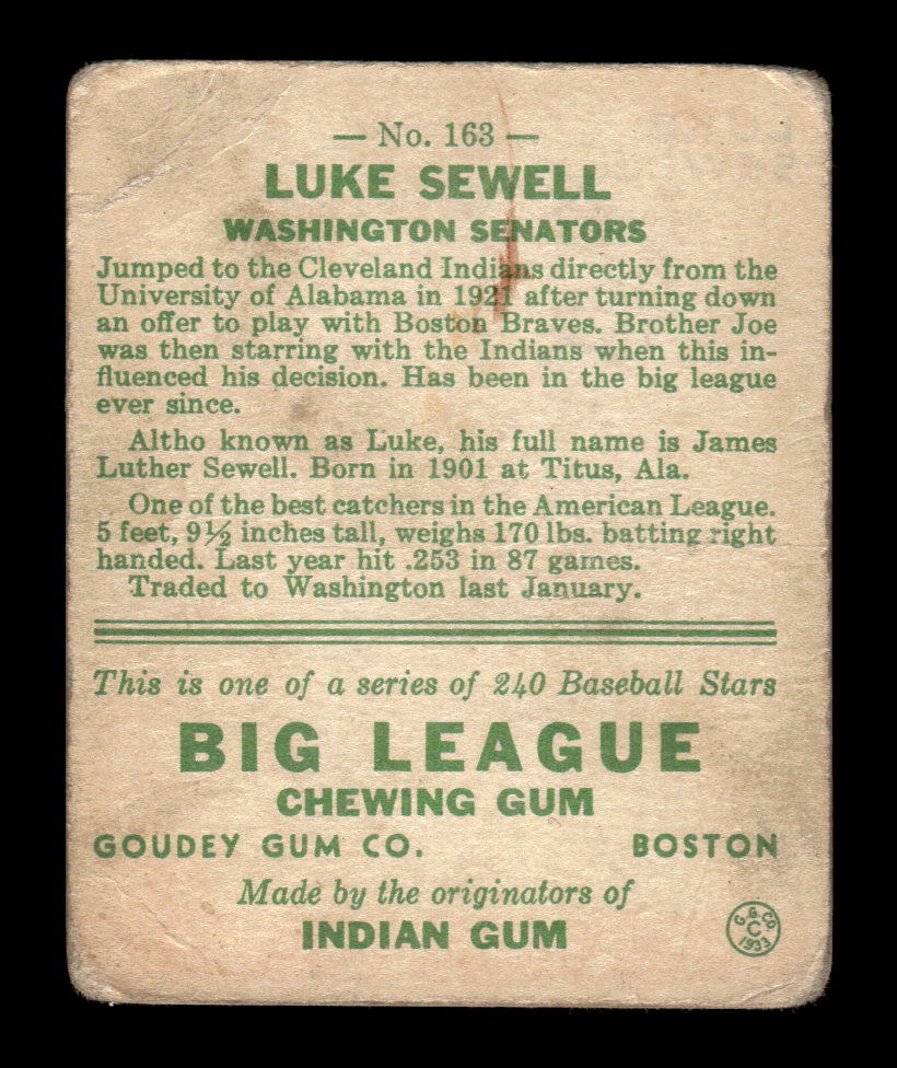 1933 Goudey #163 Luke Sewell G