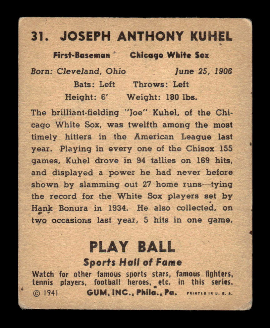 1941 Play Ball #31 Joe Kuhel VG -2