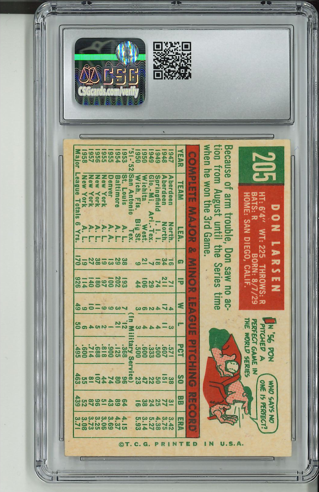 1959 Topps #205 Don Larsen CSG CGC 6.5