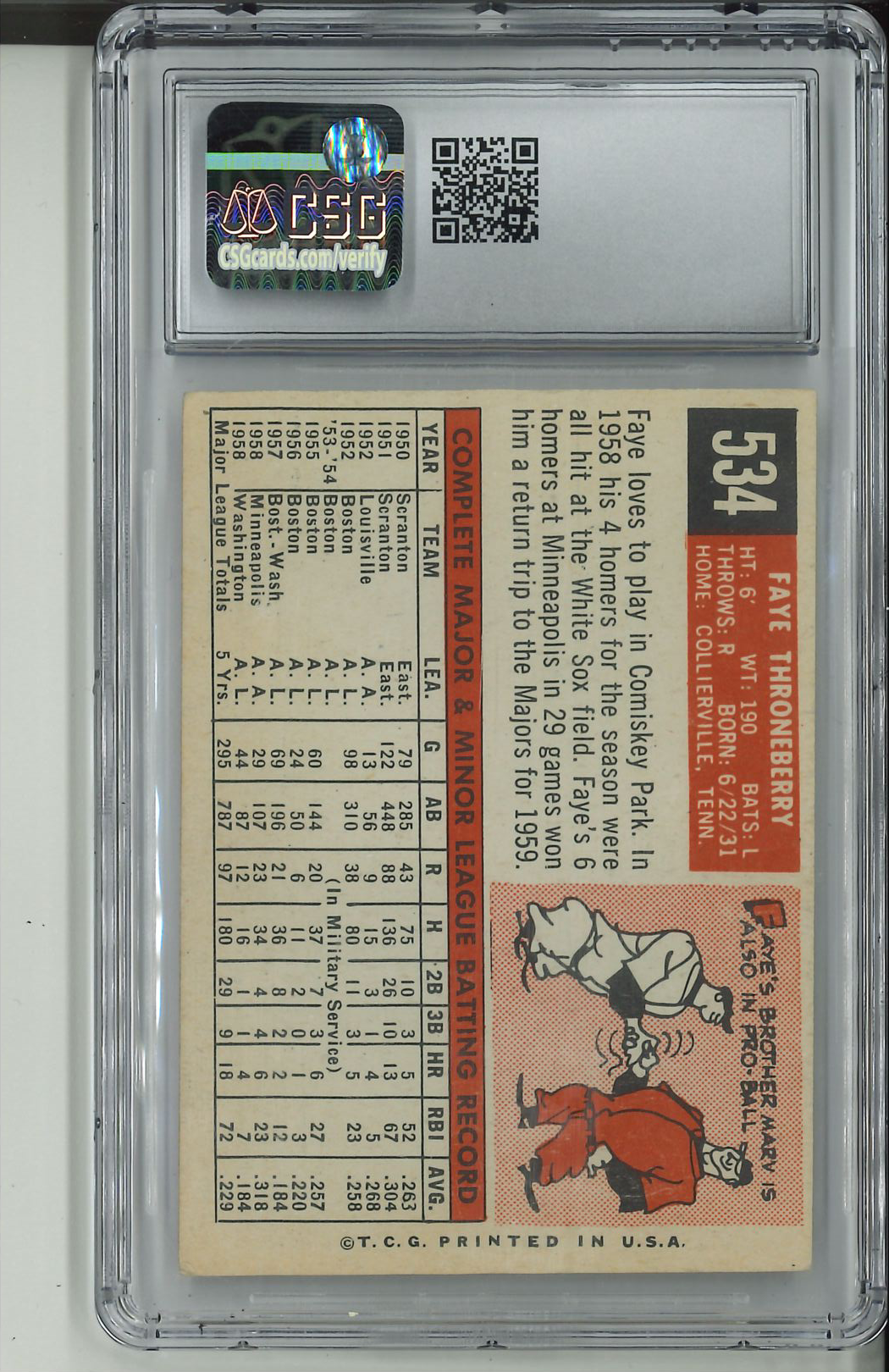 1959 Topps #534 Faye Throneberry CSG CGC 5.5