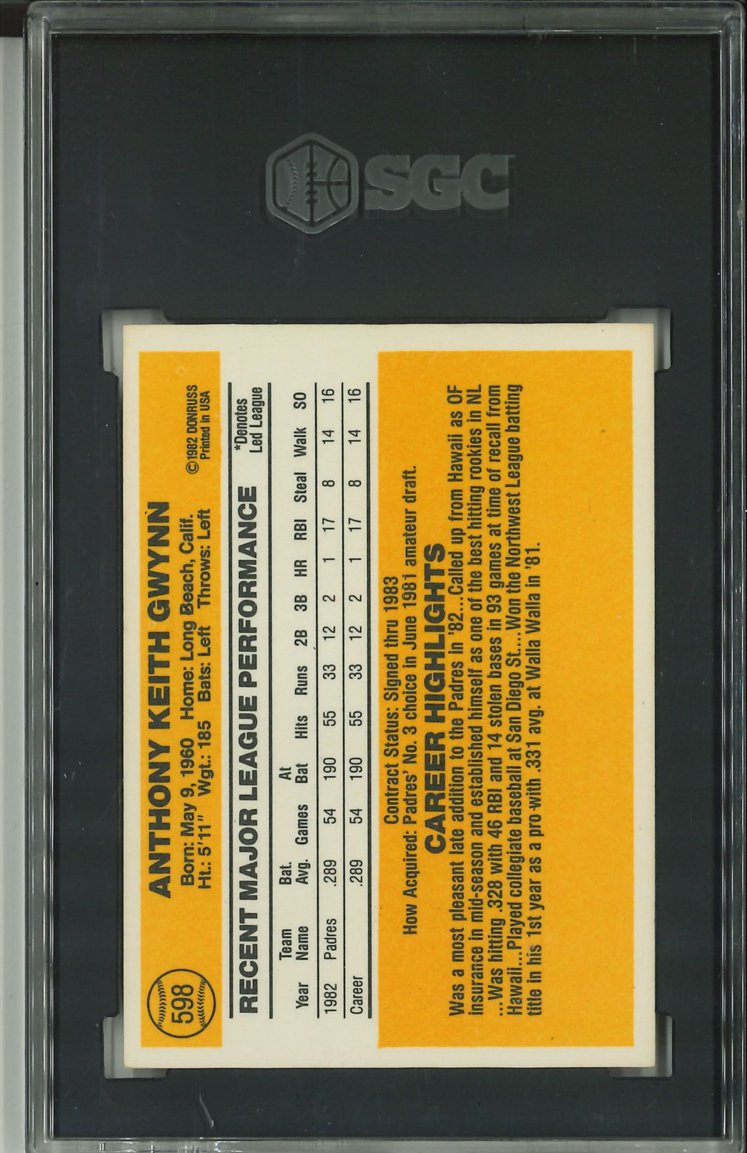 1983 DonRuss #598 Tony Gwynn RC SGC 8