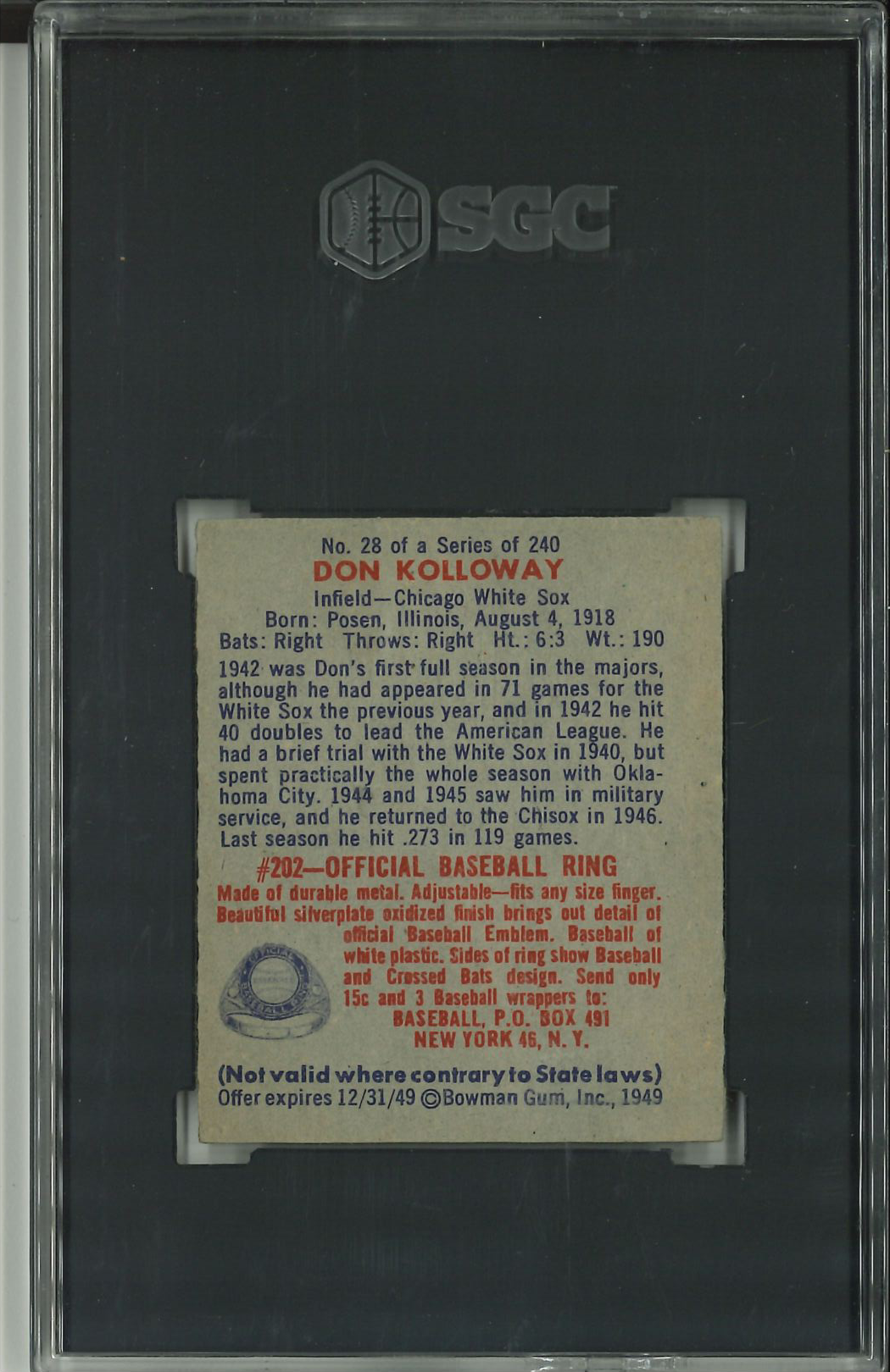 1949 Bowman #28 Don Kolloway SGC 5