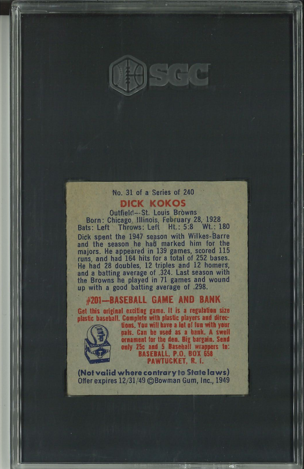 1949 Bowman #31 Dick Kokos SGC 5