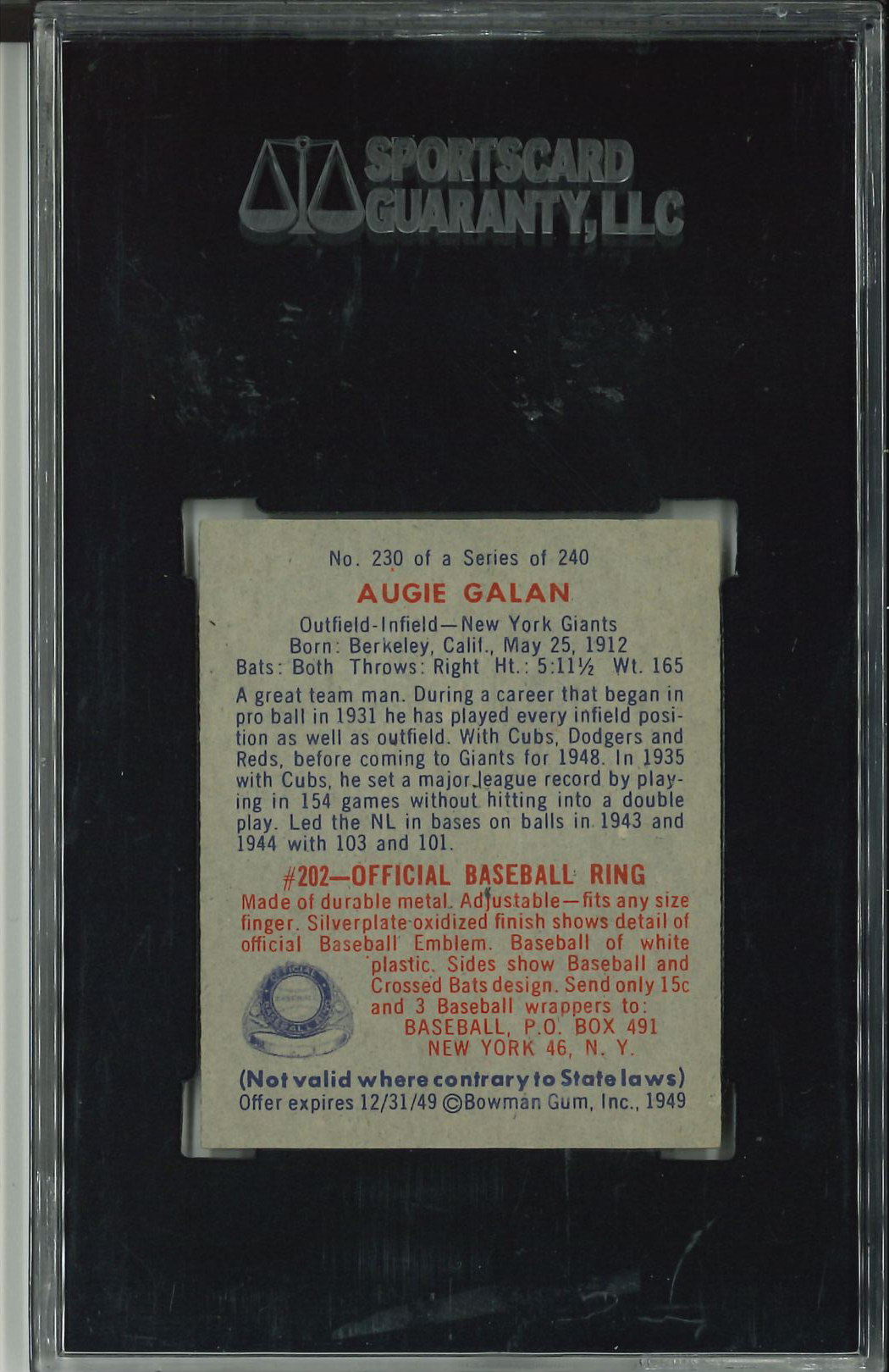 1949 Bowman #230 Augie Galan SGC 4