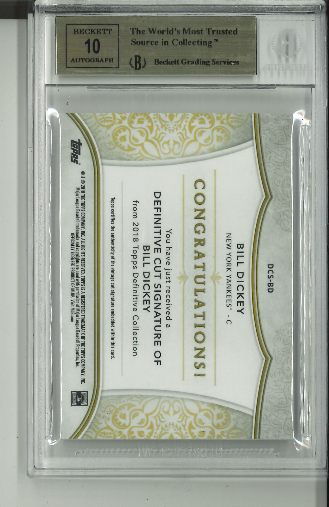2018 Topps Definitive Cut Signatures #DCSBD Bill Dickey 1/1 BGS 9.5