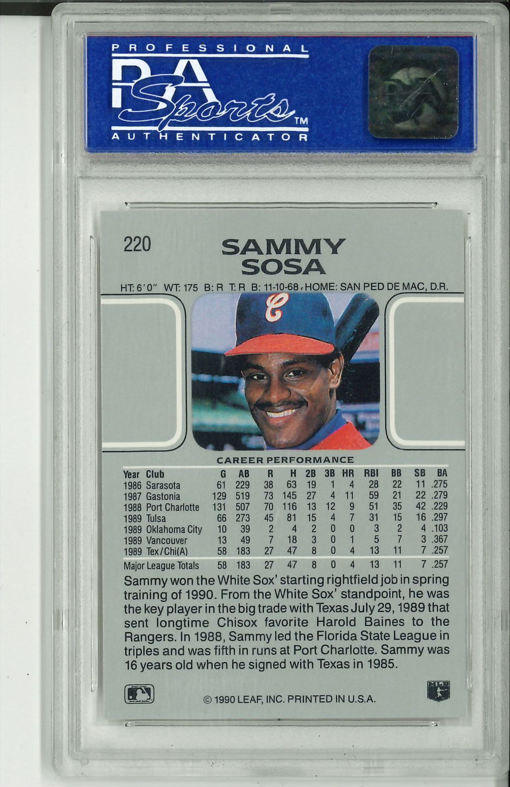 1990 Leaf #220 Sammy Sosa PSA 9 RC