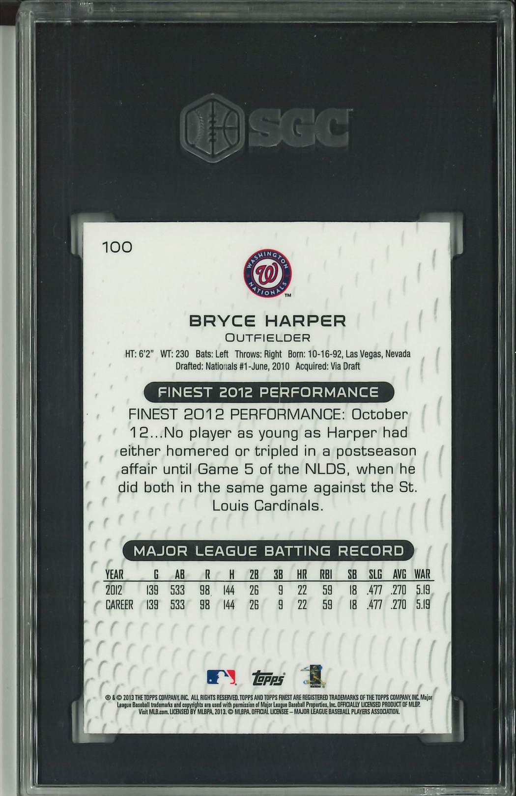 2013 Topps Finest #100 Bryce Harper SGC 9
