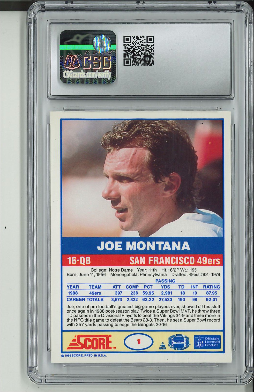 1989 Score #1 Joe Montana CSG 9