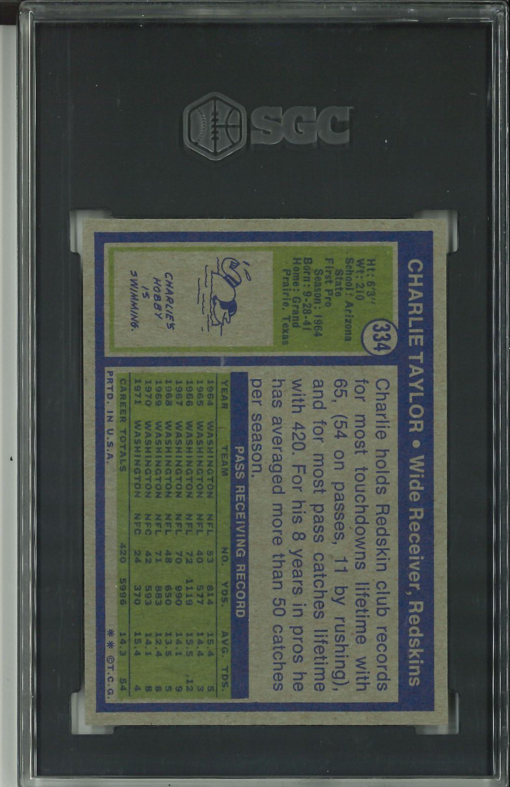 1972 Topps #334 Charlie Taylor SGC 9 Hi #