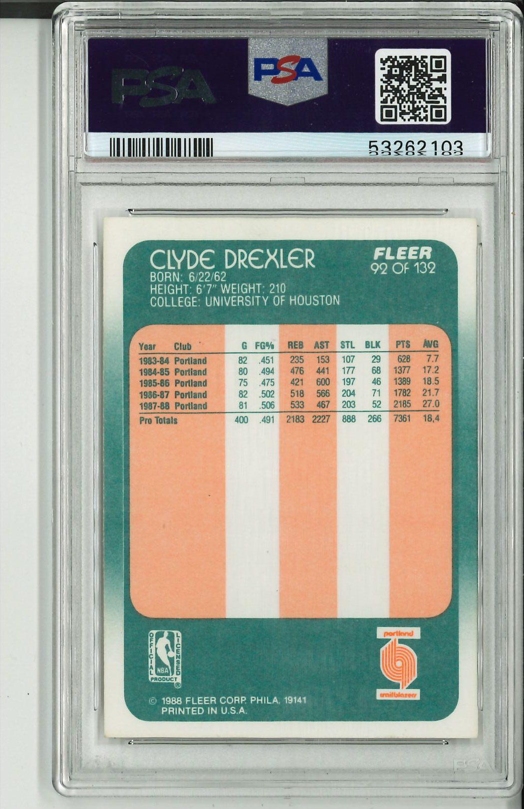 1988 Fleer #92 Clyde Drexler PSA 7