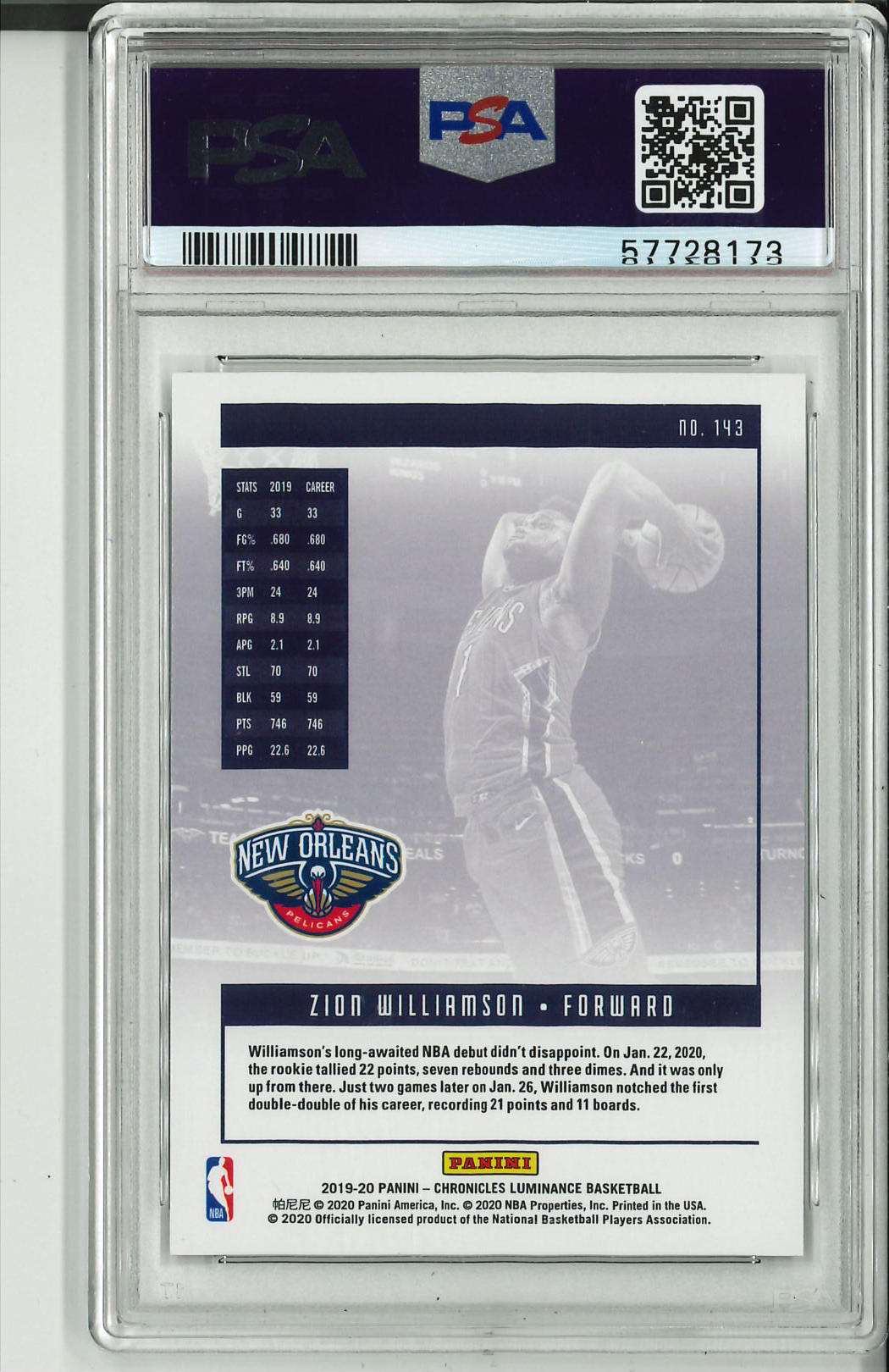 2019 Panini Chronicles #143 Zion Williamson PSA 10