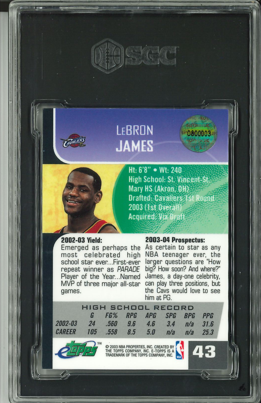 2003-04 Etopps #43 Lebron James SGC 9.5 RC