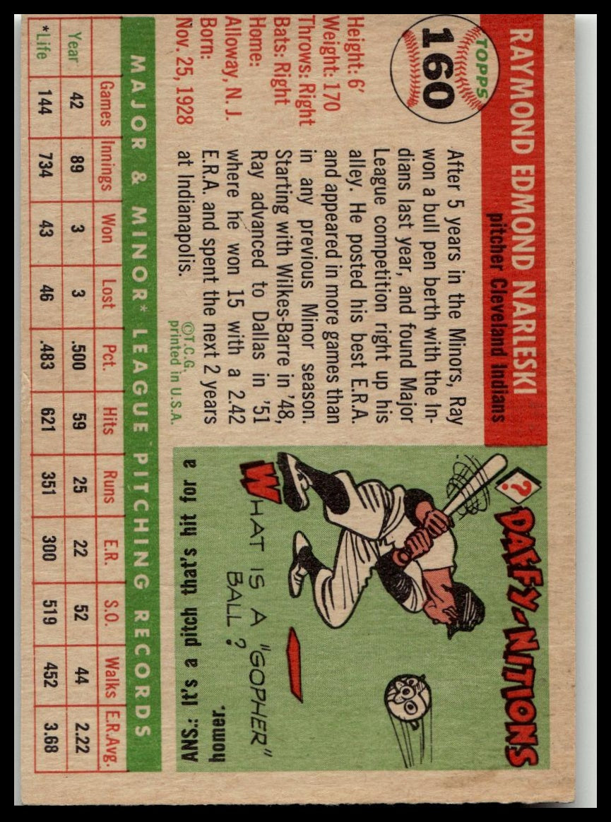 1955 Topps #160 Ray Narleski Very Good