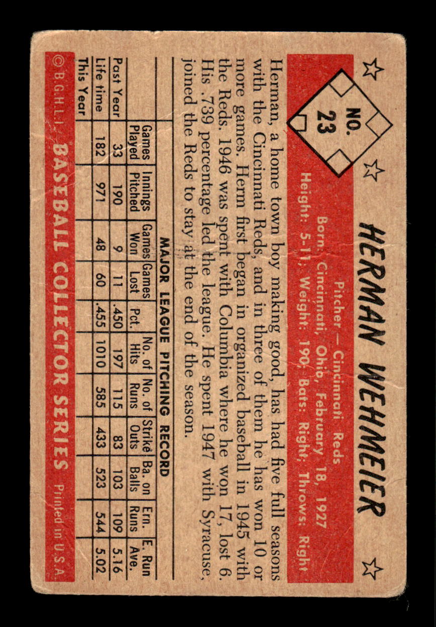 1953 Bowman Color #23 Herman Wehmeier Very Good HOF-10001501