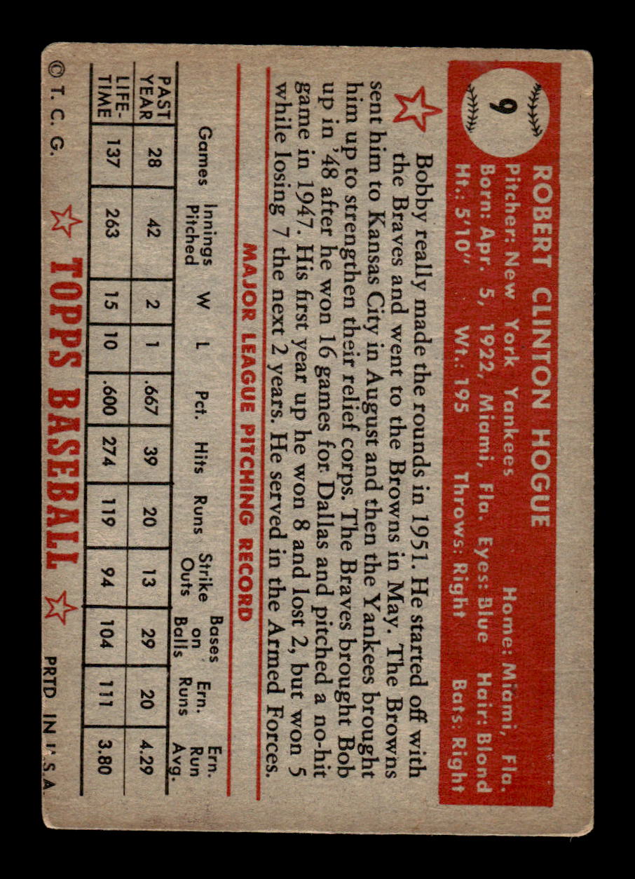 1952 Topps #9 Bobby Hogue Very Good HOF-10001646