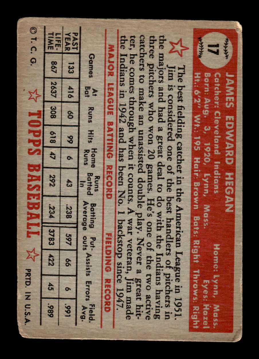 1952 Topps #17 Jim Hegan Very Good HOF-10001650