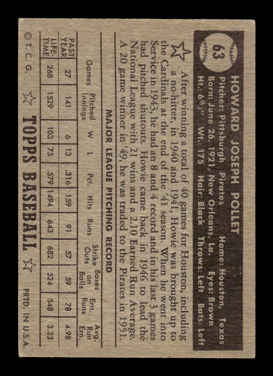 1952 Topps #63b Howie Pollet Very Good HOF-10001695