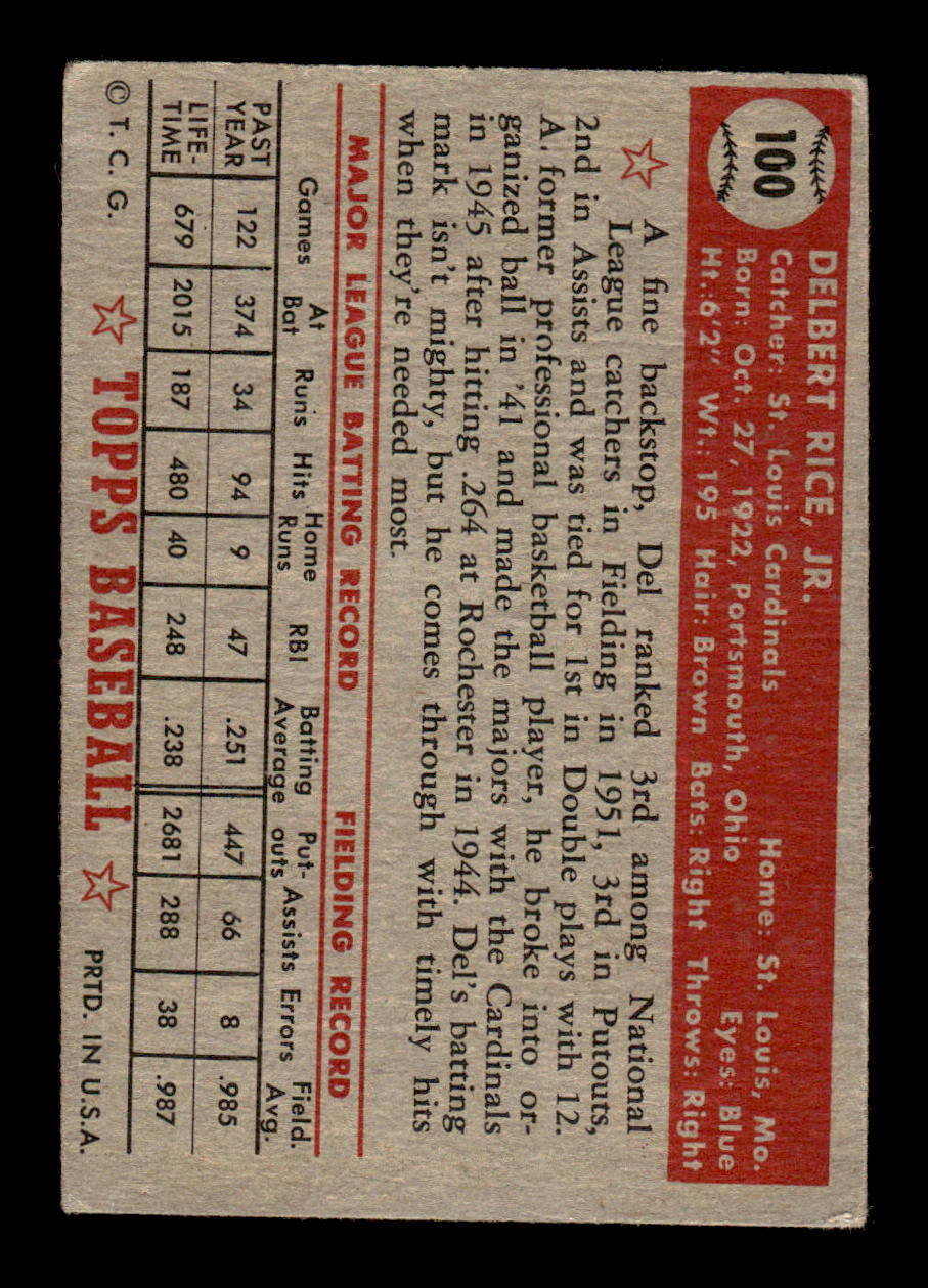 1952 Topps #100 Del Rice Very Good HOF-10001725