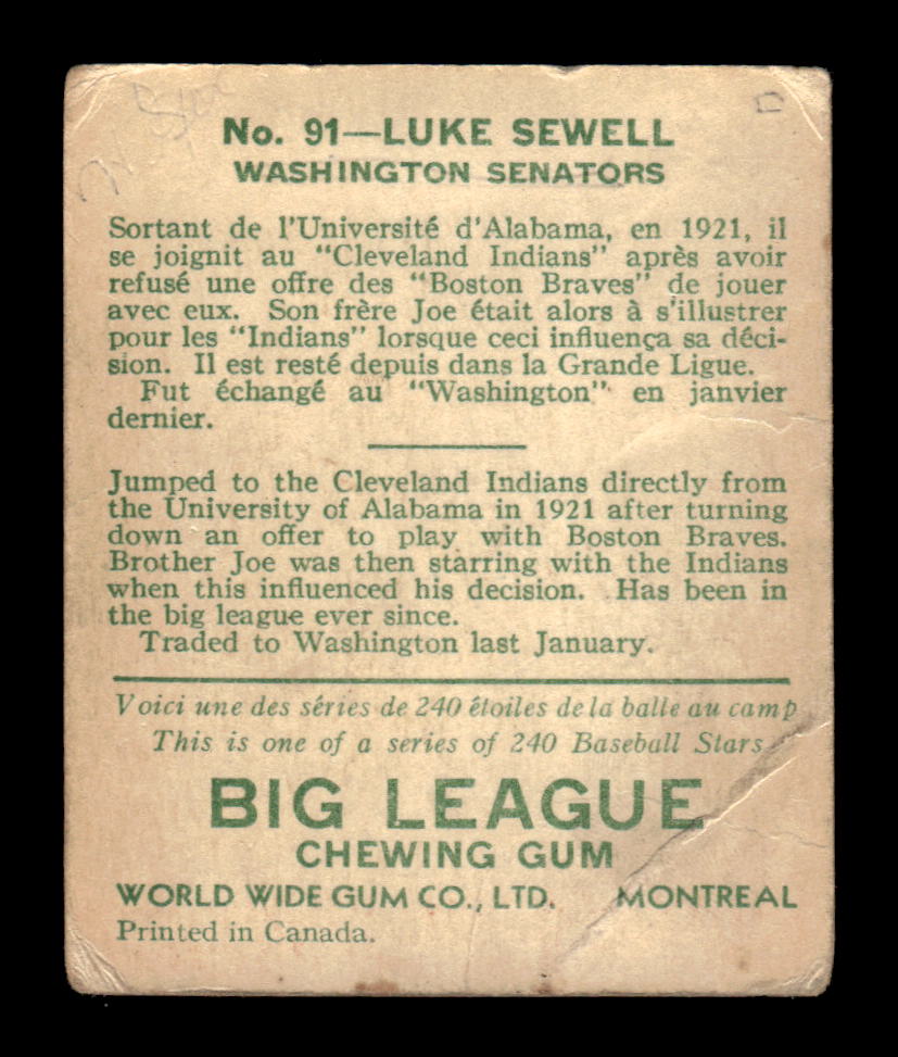 1933 World Wide Gum (V353) #91 Luke Sewell Poor HOF-10001758