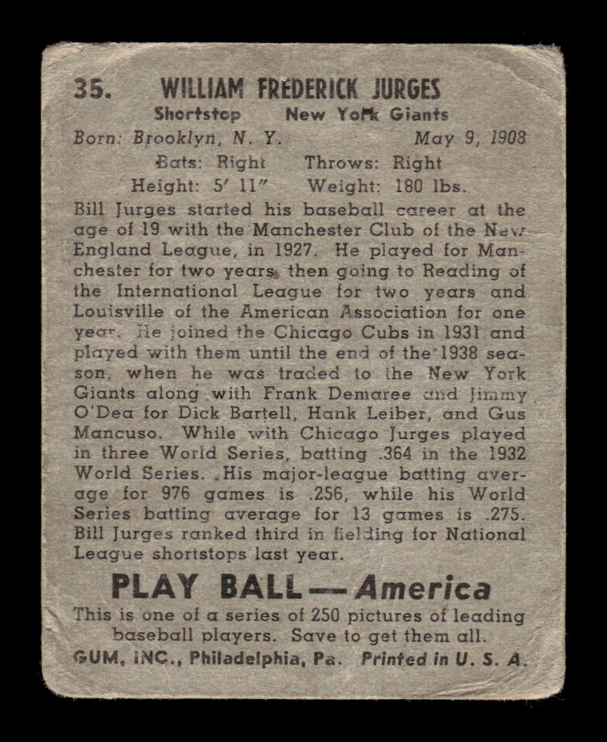 1939 Play Ball #35 Billy Jurges Very Good HOF-10001771