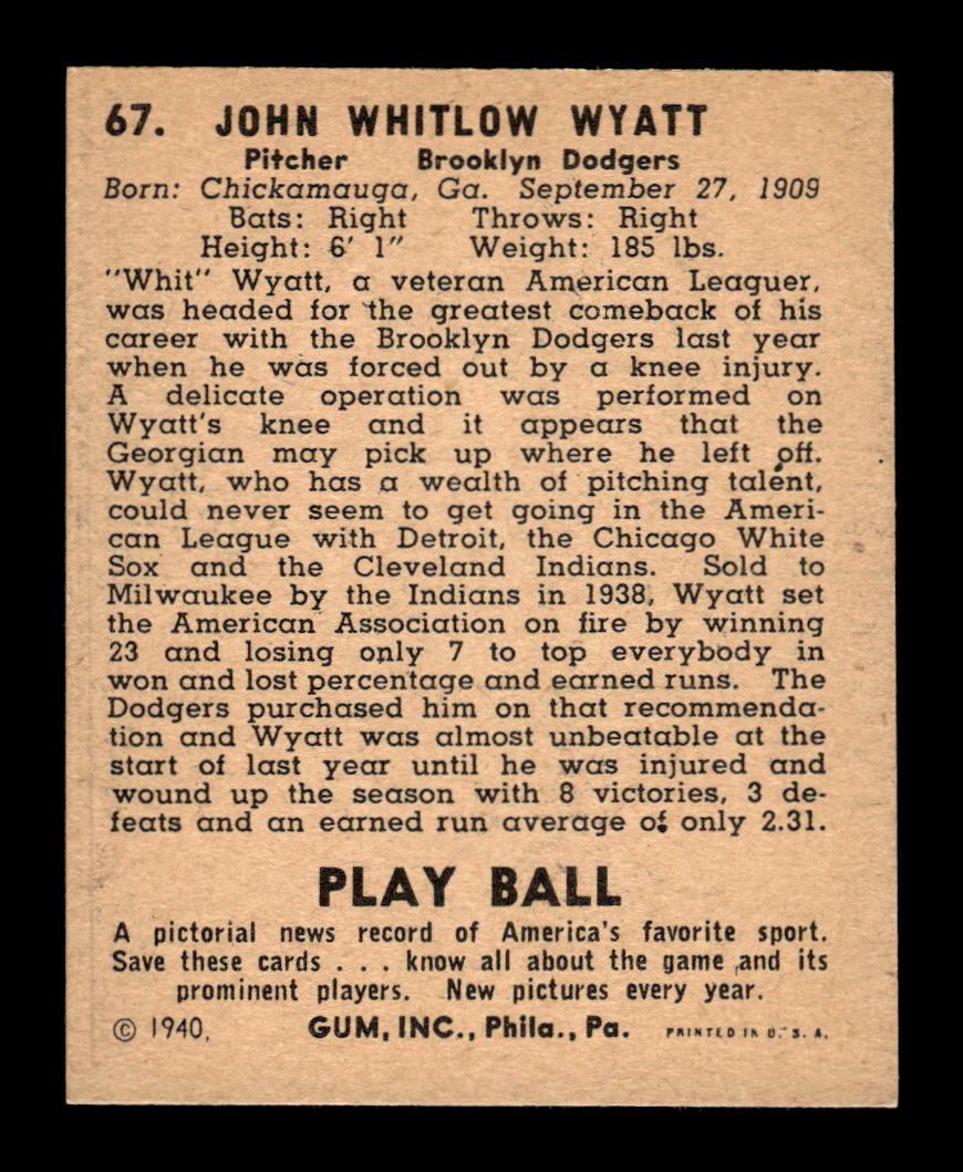1940 Play Ball #67 Whit Wyatt Excellent HOF-10001773