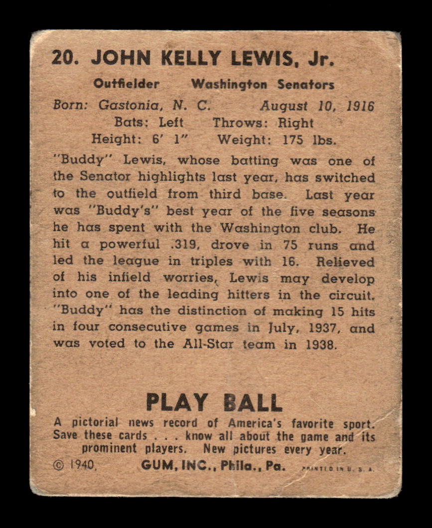 1940 Play Ball #20 Buddy Lewis Poor HOF-10001774