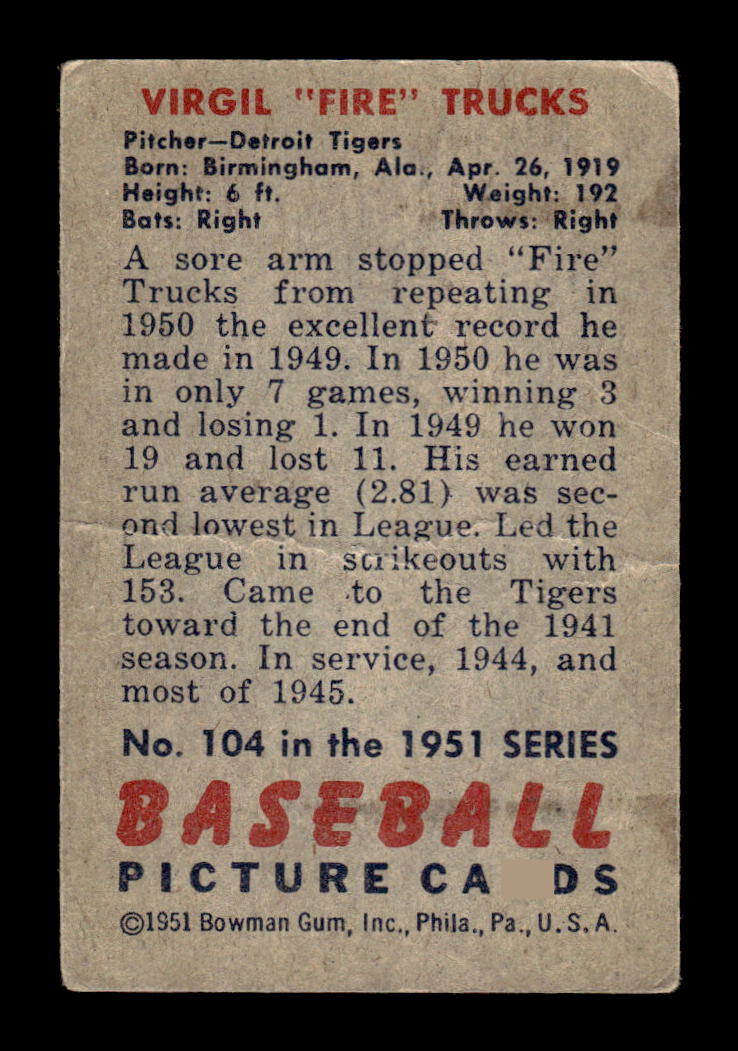1951 Bowman #104 Virgil Trucks Poor HOF-10001909