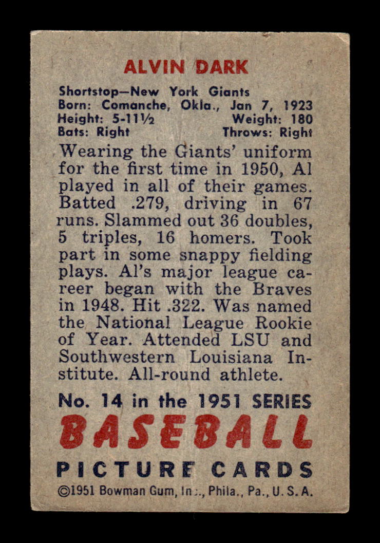 1951 Bowman #14 Alvin Dark Poor HOF-10001910
