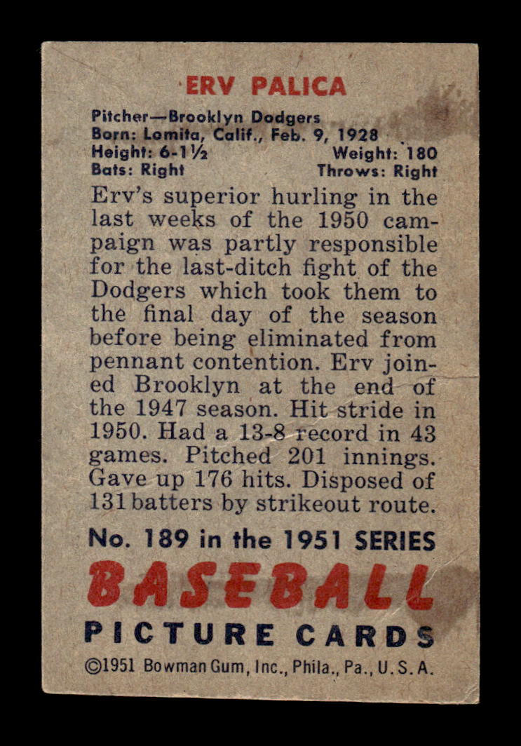 1951 Bowman #189 Erv Palica Very Good HOF-10001916
