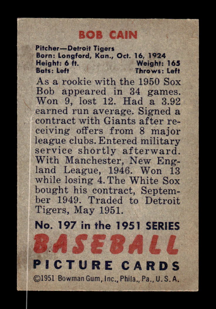 1951 Bowman #197 Bob Cain Very Good HOF-10001918