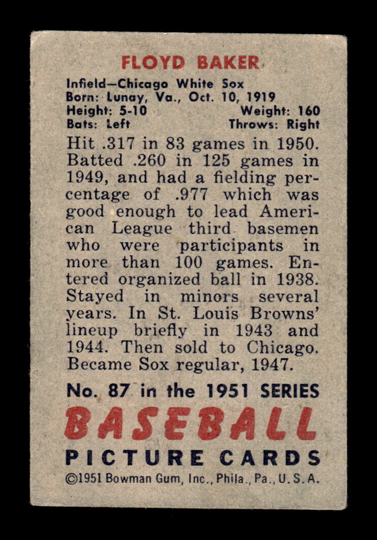 1951 Bowman #87 Floyd Baker Excellent HOF-10001945