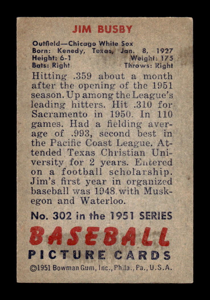 1951 Bowman #302 Jim Busby Very Good HOF-10001950