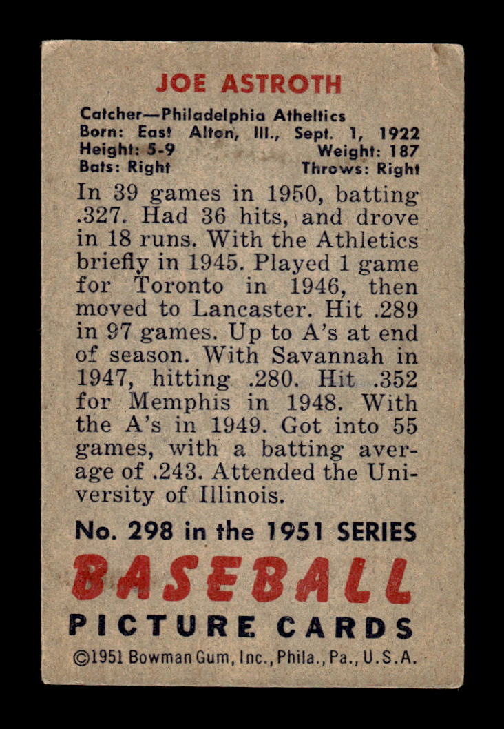 1951 Bowman #298 Joe Astroth Very Good HOF-10001951