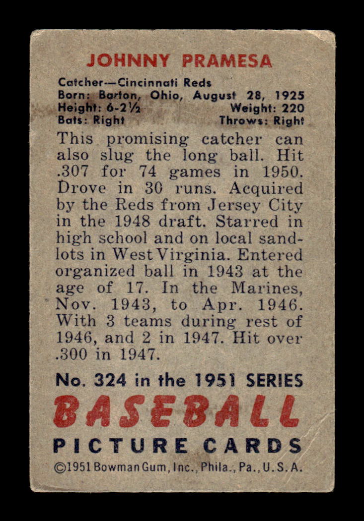 1951 Bowman #324 Johnny Pramesa Very Good HOF-10001952