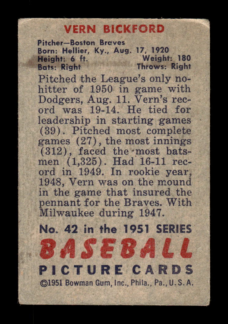 1951 Bowman #42 Vern Bickford Very Good HOF-10001989