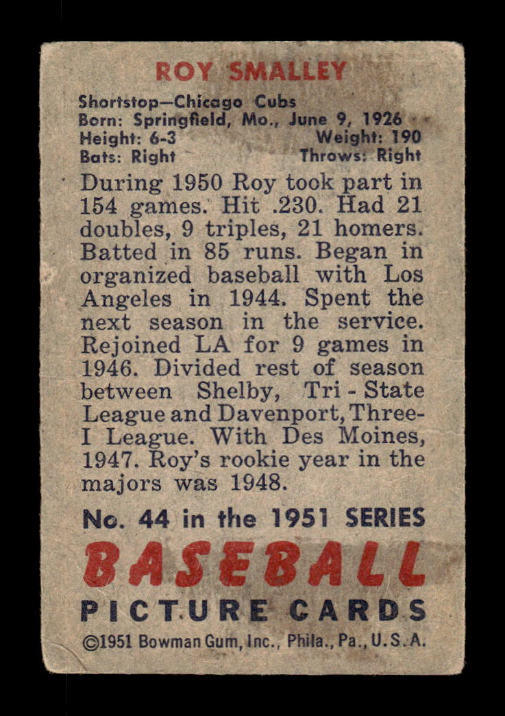 1951 Bowman #44 Roy Smalley Very Good HOF-10001991