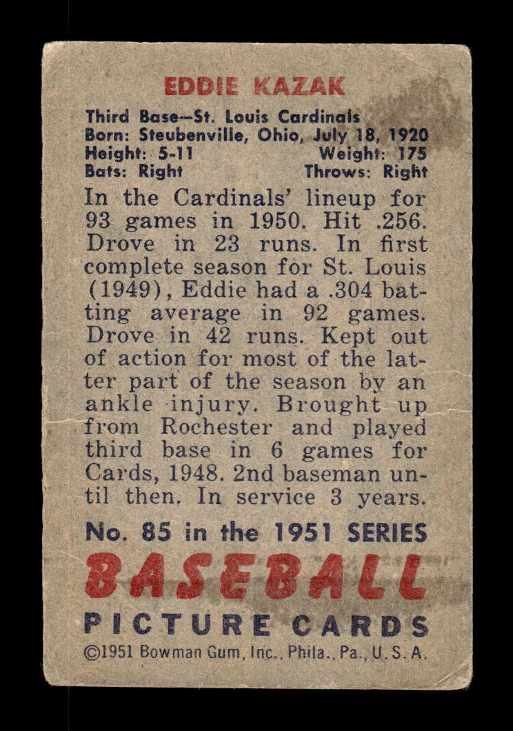 1951 Bowman #85 Eddie Kazak Very Good HOF-10001995