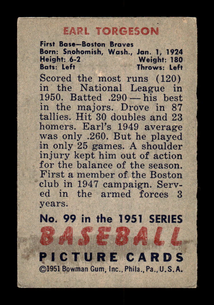 1951 Bowman #99 Earl Torgeson Very Good HOF-10002002