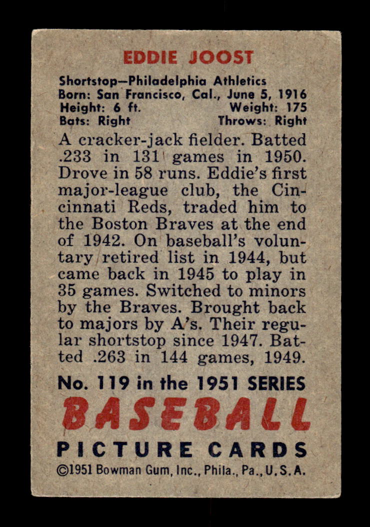 1951 Bowman #119 Eddie Joost Very Good HOF-10002004