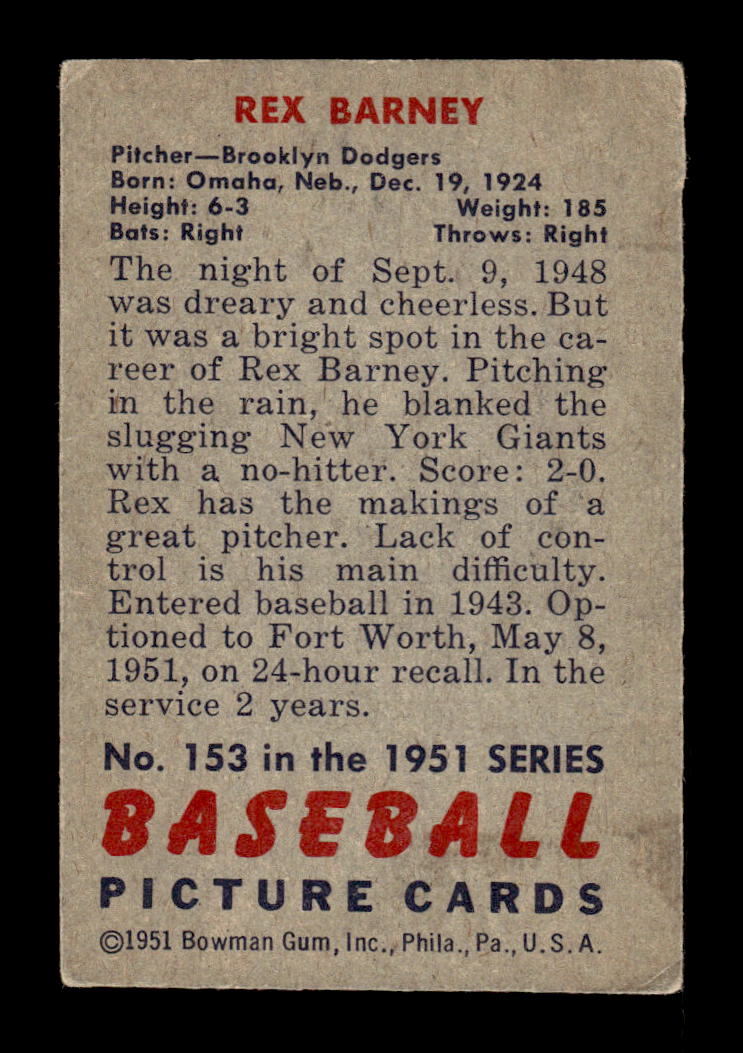 1951 Bowman #153 Rex Barney Very Good HOF-10002014