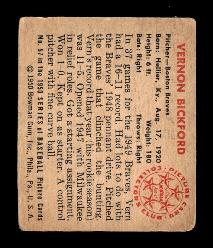 1950 Bowman #57 Vernon Bickford Very Good HOF-10002037