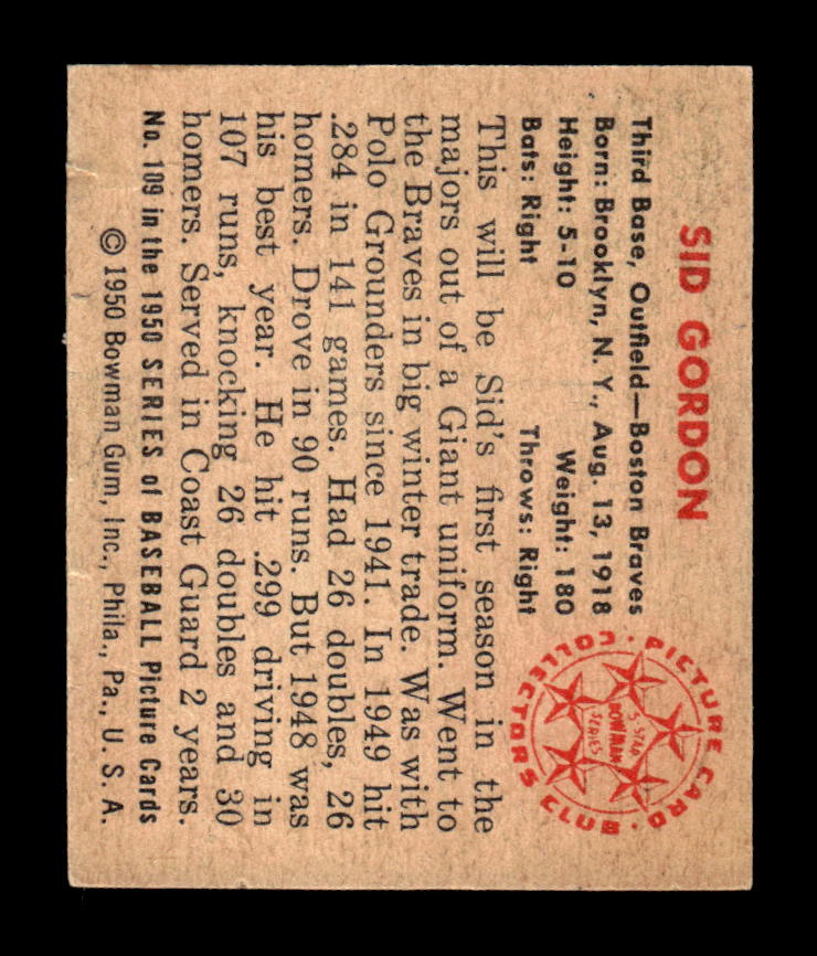 1950 Bowman #109 Sid Gordon Very Good HOF-10002045