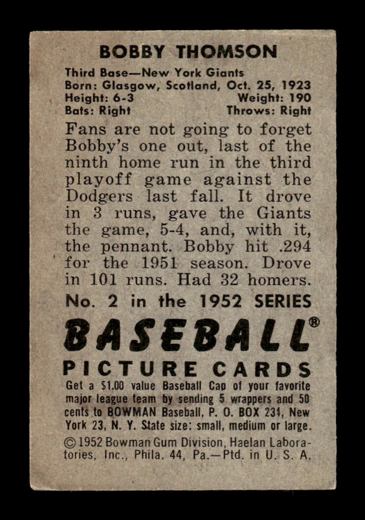 1952 Bowman #2 Bobby Thomson Very Good HOF-10002063