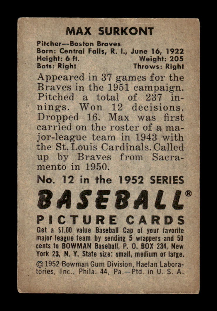 1952 Bowman #12 Max Surkont Very Good HOF-10002066