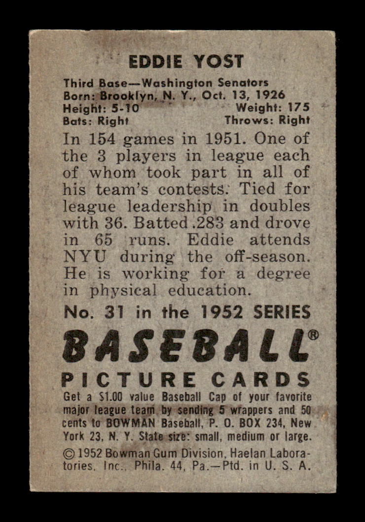 1952 Bowman #31 Eddie Yost Very Good HOF-10002069