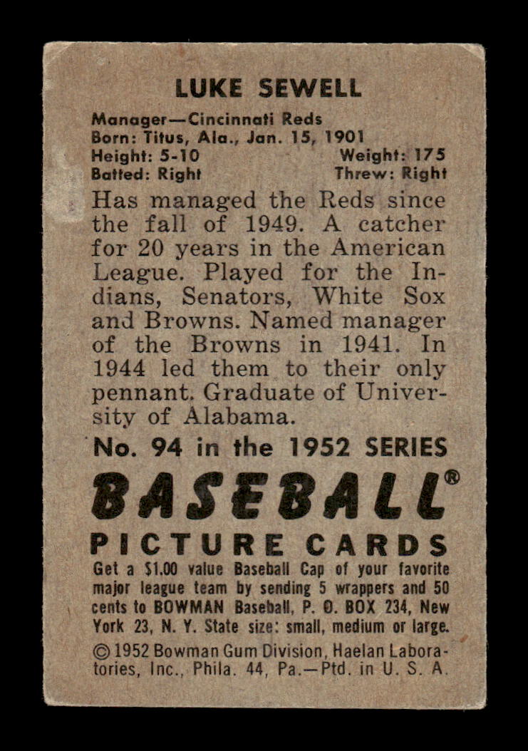 1952 Bowman #94 Luke Sewell Very Good HOF-10002094