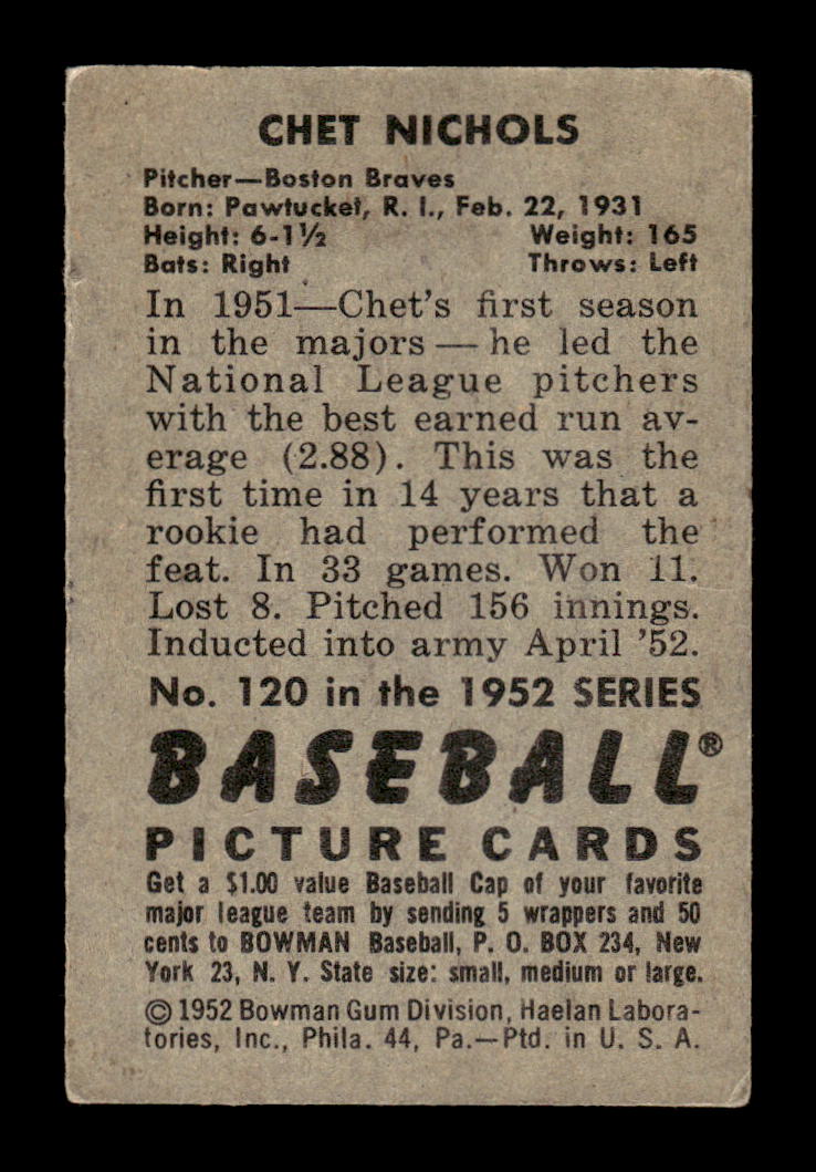 1952 Bowman #120 Chet Nichols Very Good HOF-10002097